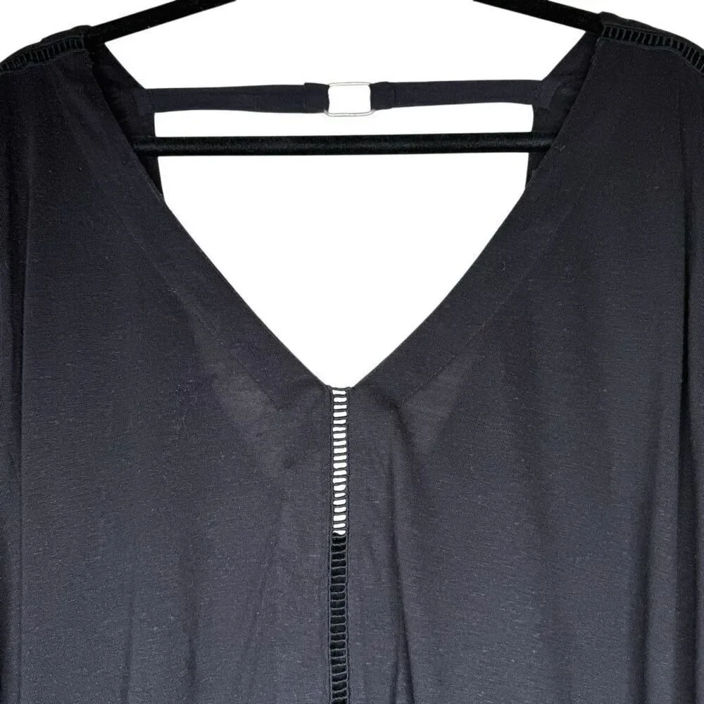 NEW Free People Top Black Cropped With Wide Embroidered Bell Sleeve Size L Boho